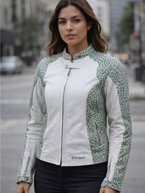 Cortech Women's Leather Motorcycle Jacket White Teal Leopard Print Moto Biker M